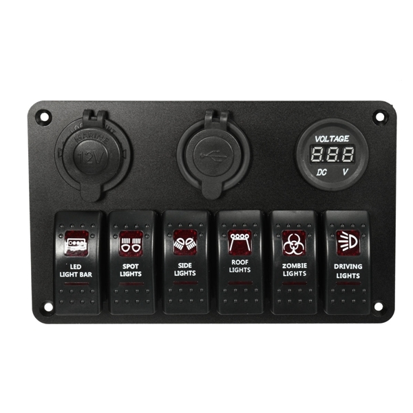 6 Gang Rocker Switch Panel Circuit &2 USB Socket&Cigarette Lighter Socket&Voltmeter For Boat Marine