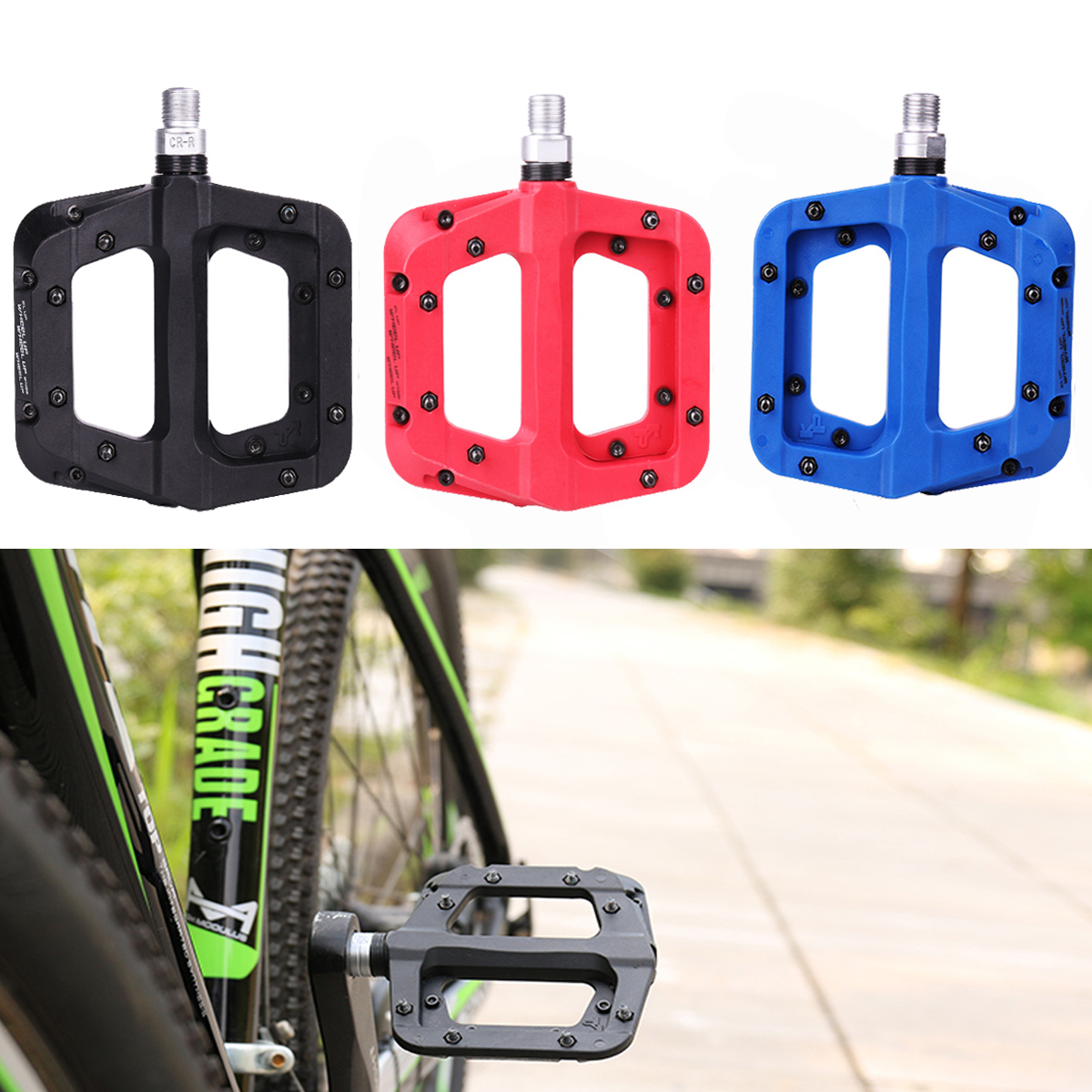 WHEEL UP 9/16  Nylon Fiber Bicycle Pedals with 3 Bearings Ultralight Non-slip Flat Platform Pedals