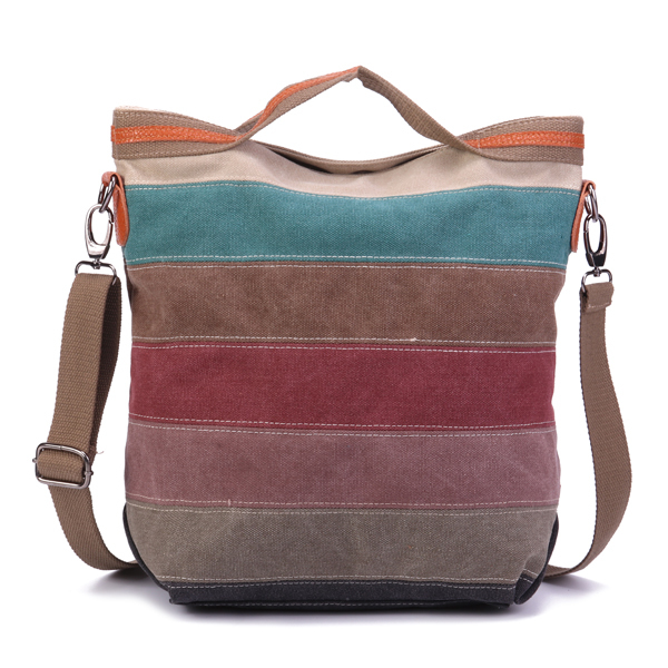 Women Canvas Contrast Color Striped Handbag Shoulder Bags