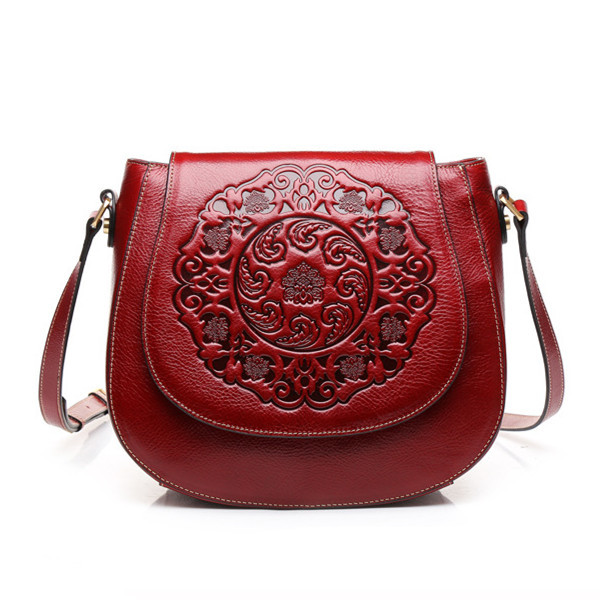 Women Genuine Leather Causal Flower Print Design Cover Shoulder Bag Cowhide Crossbody Bag