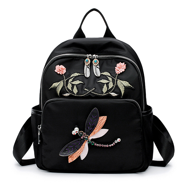 Women Oxford Embroidery Dragonfly Pattern Capacity Backpack Satchel