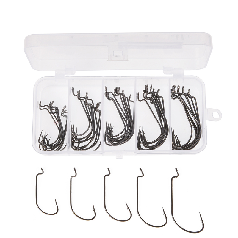 LEO 50pcs/lot 5 Sizes High-carbon Steel Fishing Hook Worm Frog Lure Hooks Bait Hooks With Box