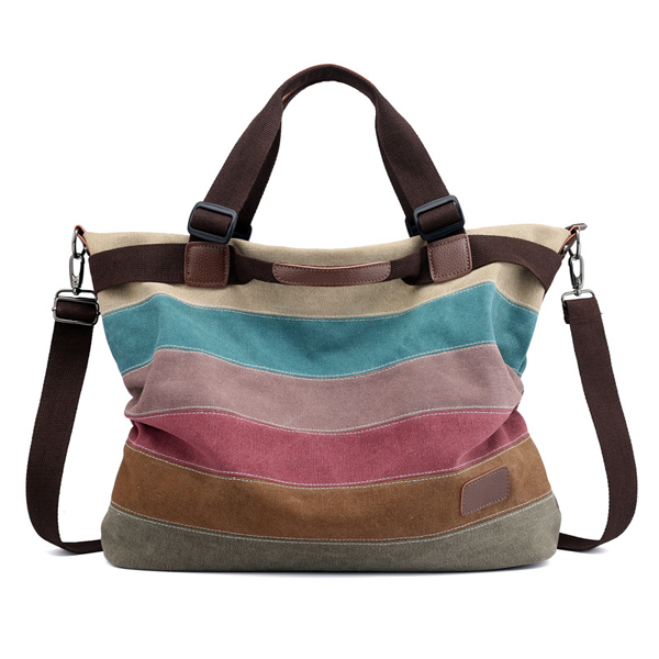 KVKY Canvas Striped Handbags Vintage Contrast Color Shoulder