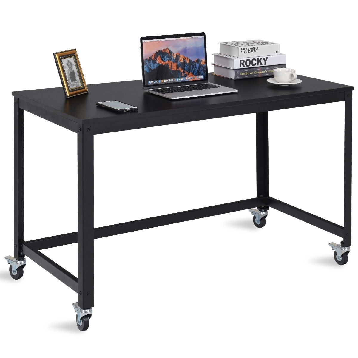 Wood Top Metal Frame Rolling Computer Desk Laptop Table Black Color Black