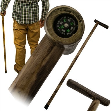 38 in Wooden Walk Cane w/Compass L0185